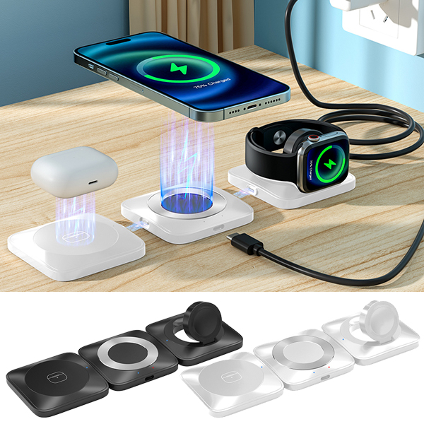  מטען אלחוטי משולב 15W מהיר לטלפון נייד 3 ב- 1 